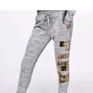VICTORIA's SECRET PINK Flip Sequins Bling Marled Gray LOGO Jogger Sweatpants